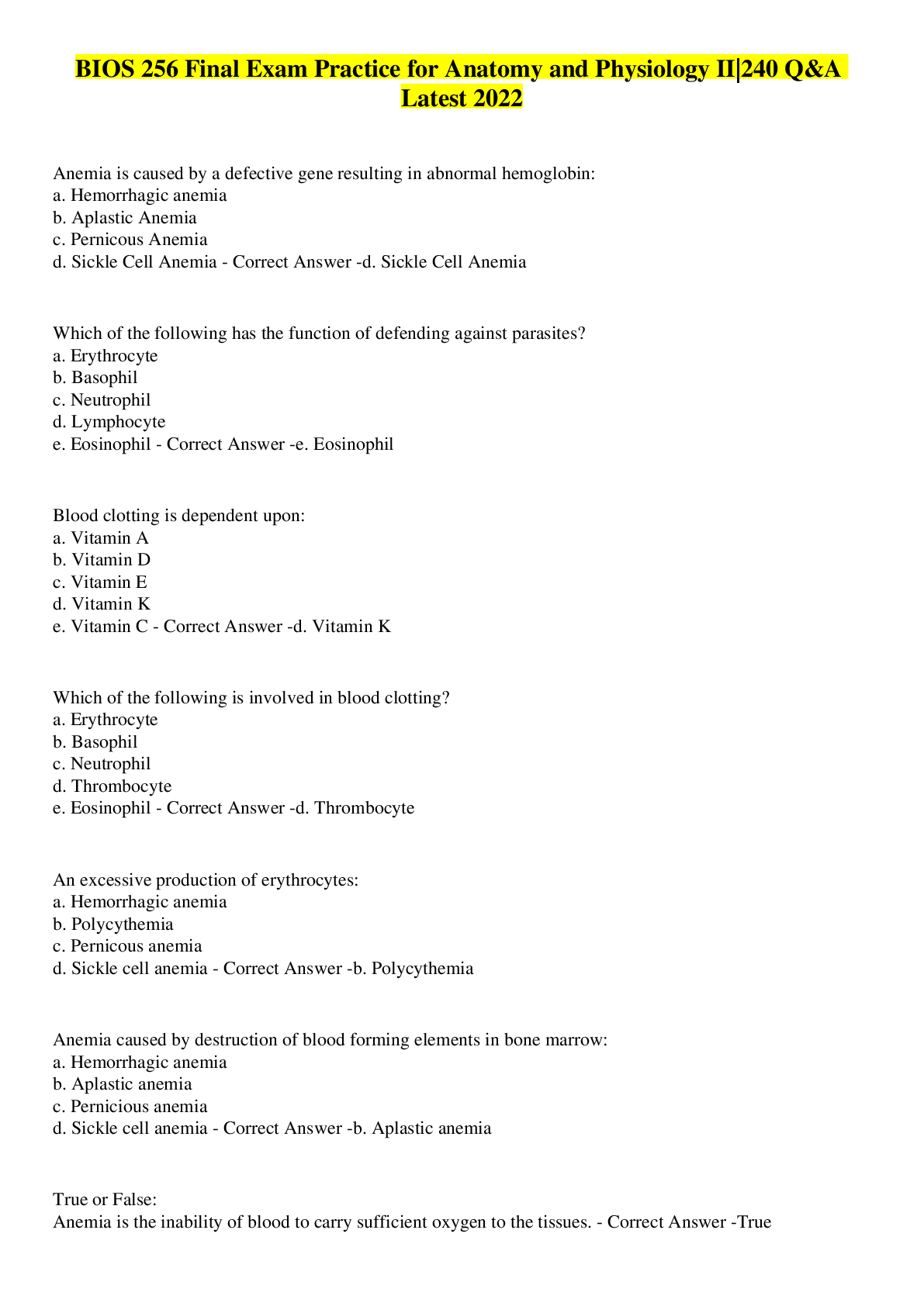 Preview image for BIOS 256 Final Exam Practice for Anatomy and Physiology II|250 Q&A Latest 2022 Already Passed